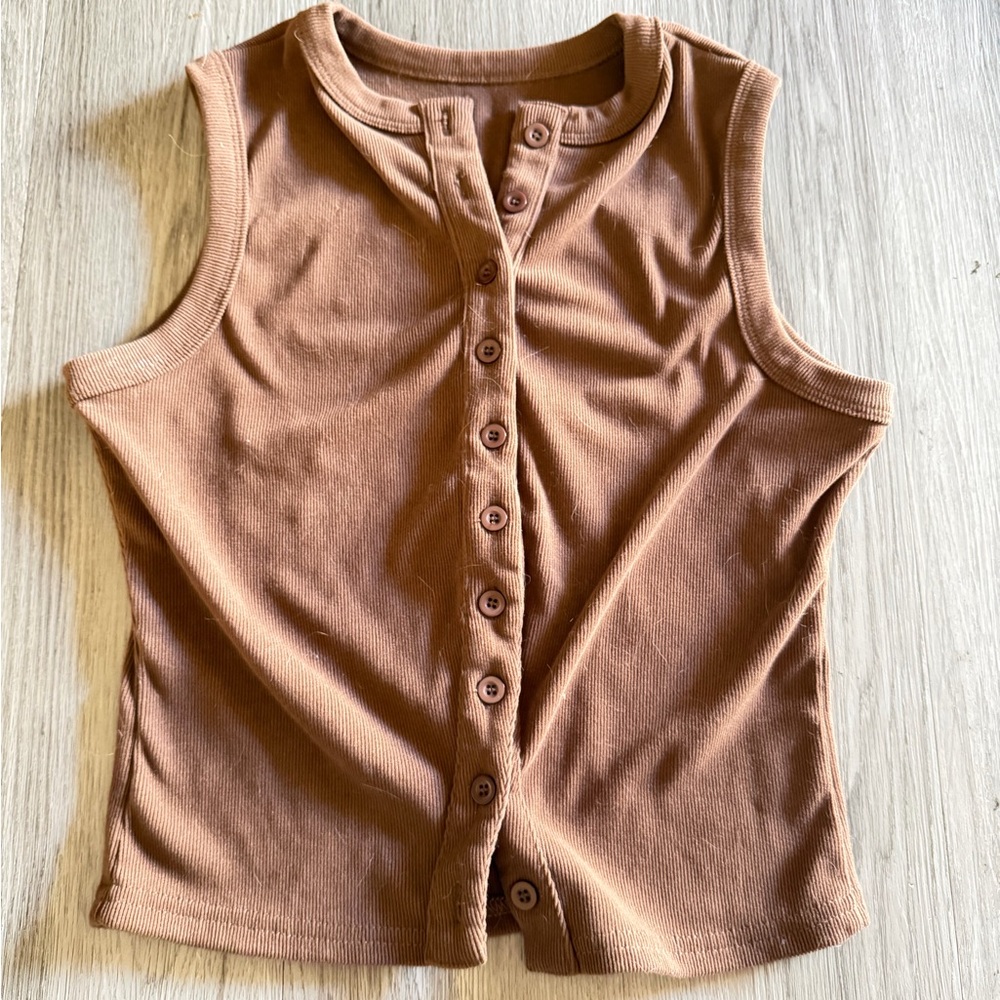 Anthropologie Tan Sleeveless Button-Up Top